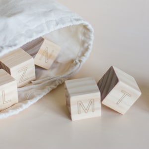 May include: A white canvas bag with wooden blocks that have letters on them. The letters are L, Z, N, M, and T. The blocks are spilling out of the bag.