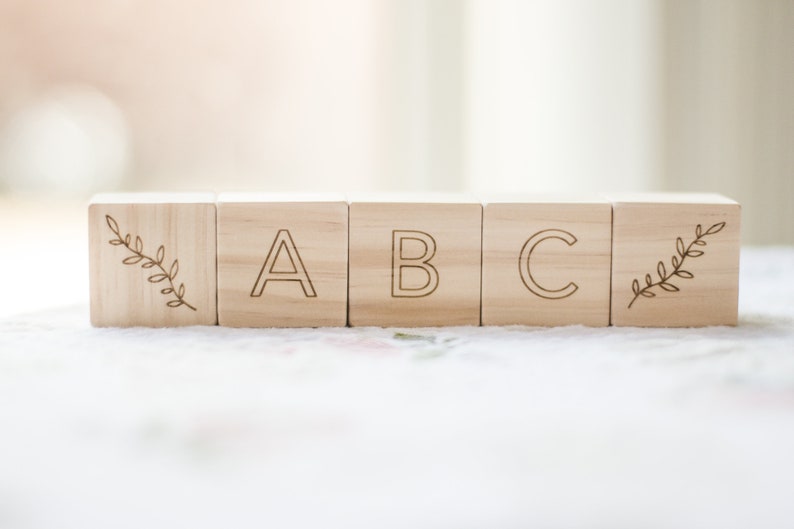 Pode incluir: Blocos de madeira com as letras A, B e C, cada bloco tem um pequeno desenho de folha em um lado.