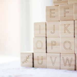 Wooden Alphabet Letters Blocks , Baby Shower Gift, Wood Blocks, Nursery Decor, Natural Baby Toys Wood Toys, Storage Bag abc, learning toys image 1