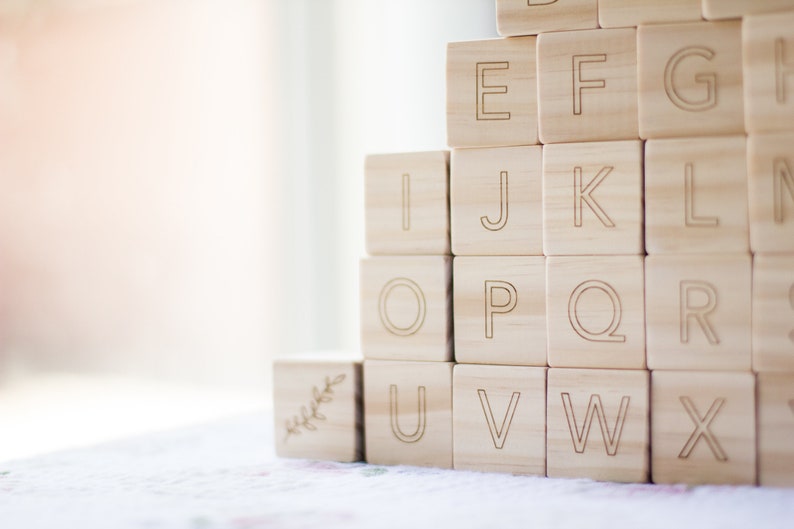 Wooden Alphabet Letters Blocks , Baby Shower Gift, Wood Blocks, Nursery Decor, Natural Baby Toys Wood Toys, Storage Bag abc, learning toys image 1