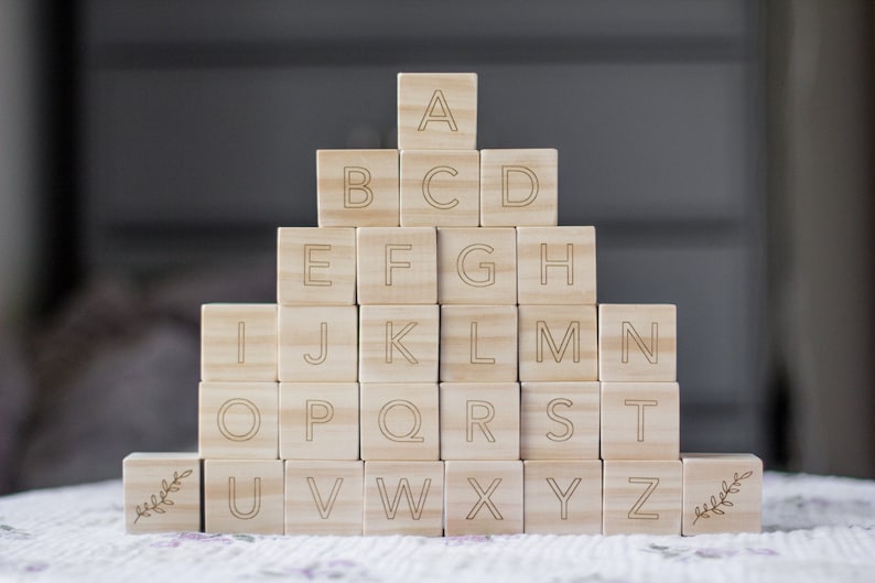 Wooden Alphabet Letters Blocks , Baby Shower Gift, Wood Blocks, Nursery Decor, Natural Baby Toys Wood Toys, Storage Bag abc, learning toys image 5