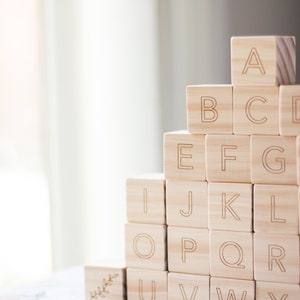 Wooden Alphabet Letters Blocks , Baby Shower Gift, Wood Blocks, Nursery Decor, Natural Baby Toys Wood Toys, Storage Bag abc, learning toys image 7