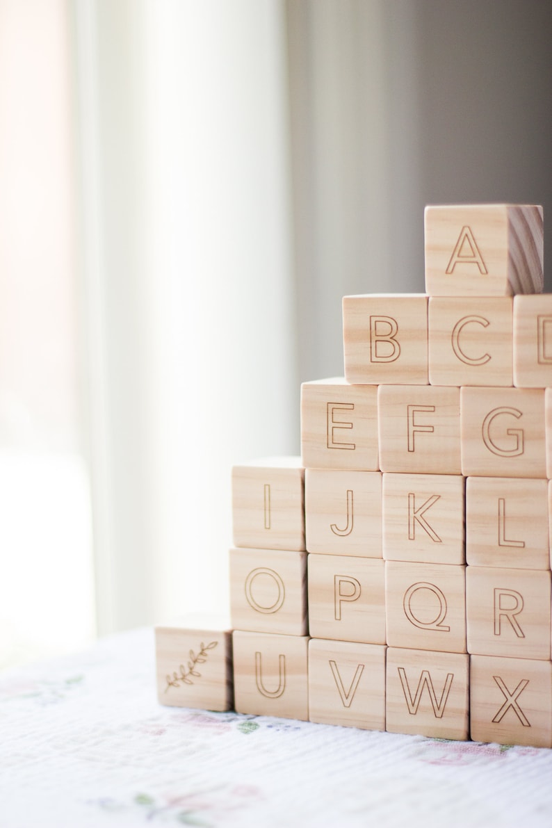 Wooden Alphabet Letters Blocks , Baby Shower Gift, Wood Blocks, Nursery Decor, Natural Baby Toys Wood Toys, Storage Bag abc, learning toys image 7