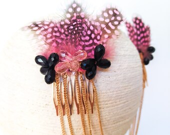 Pink feather hair comb with chains gold hair chain comb crystal beads bridal hair accessory luxury heapiece fancy headpiece unique