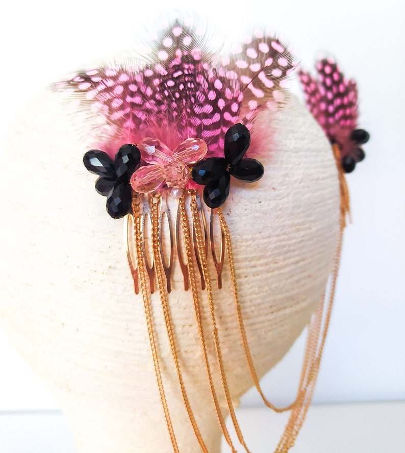 Pink feather hair comb with chains gold hair chain comb crystal beads bridal hair accessory luxury heapiece fancy headpiece unique