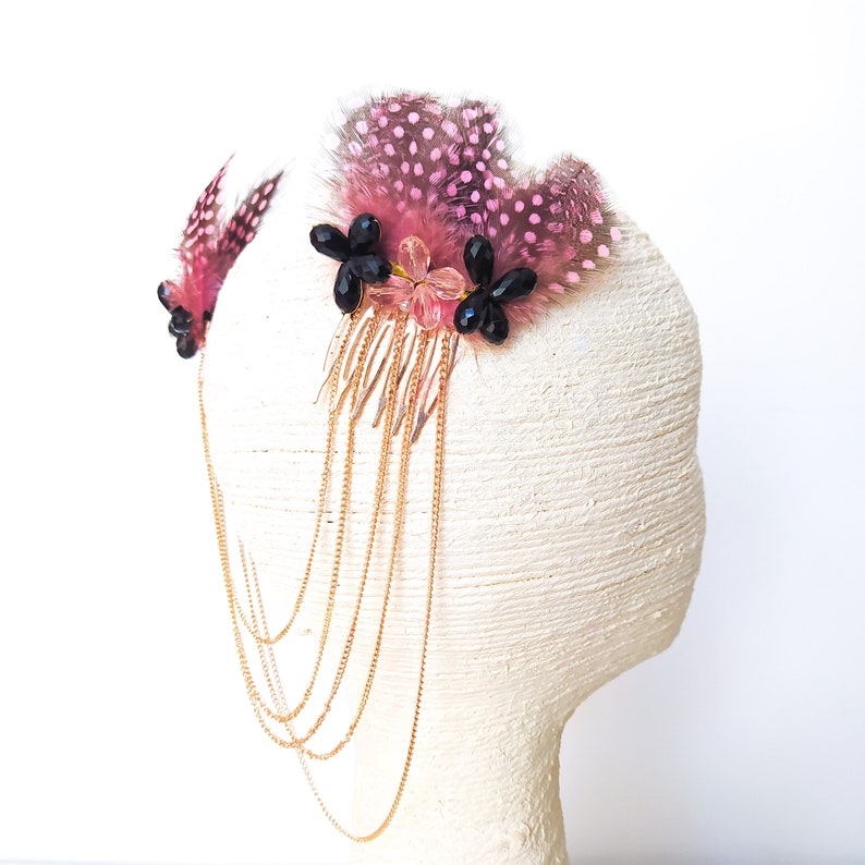 Pink feather hair comb with chains gold hair chain comb crystal beads bridal hair accessory luxury heapiece fancy headpiece unique