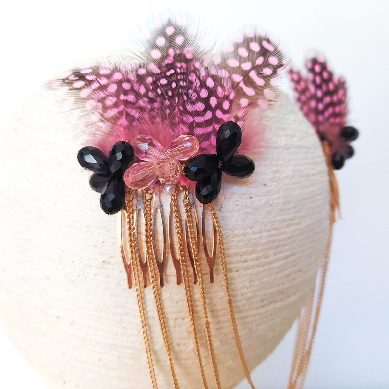 Pink feather hair comb with chains gold hair chain comb crystal beads bridal hair accessory luxury heapiece fancy headpiece unique