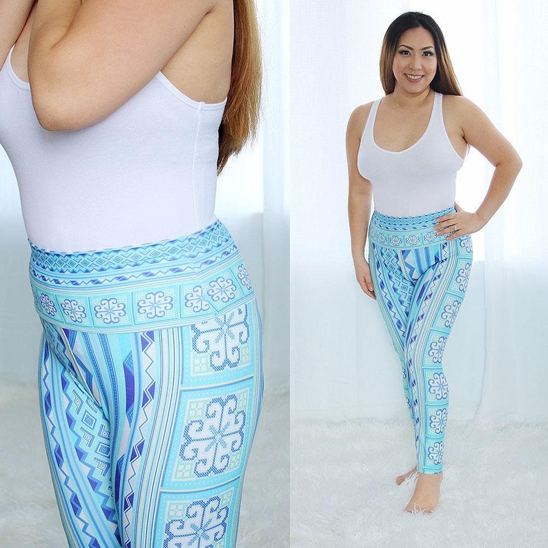 Teal Blue Hmong Velour Yoga Leggings
