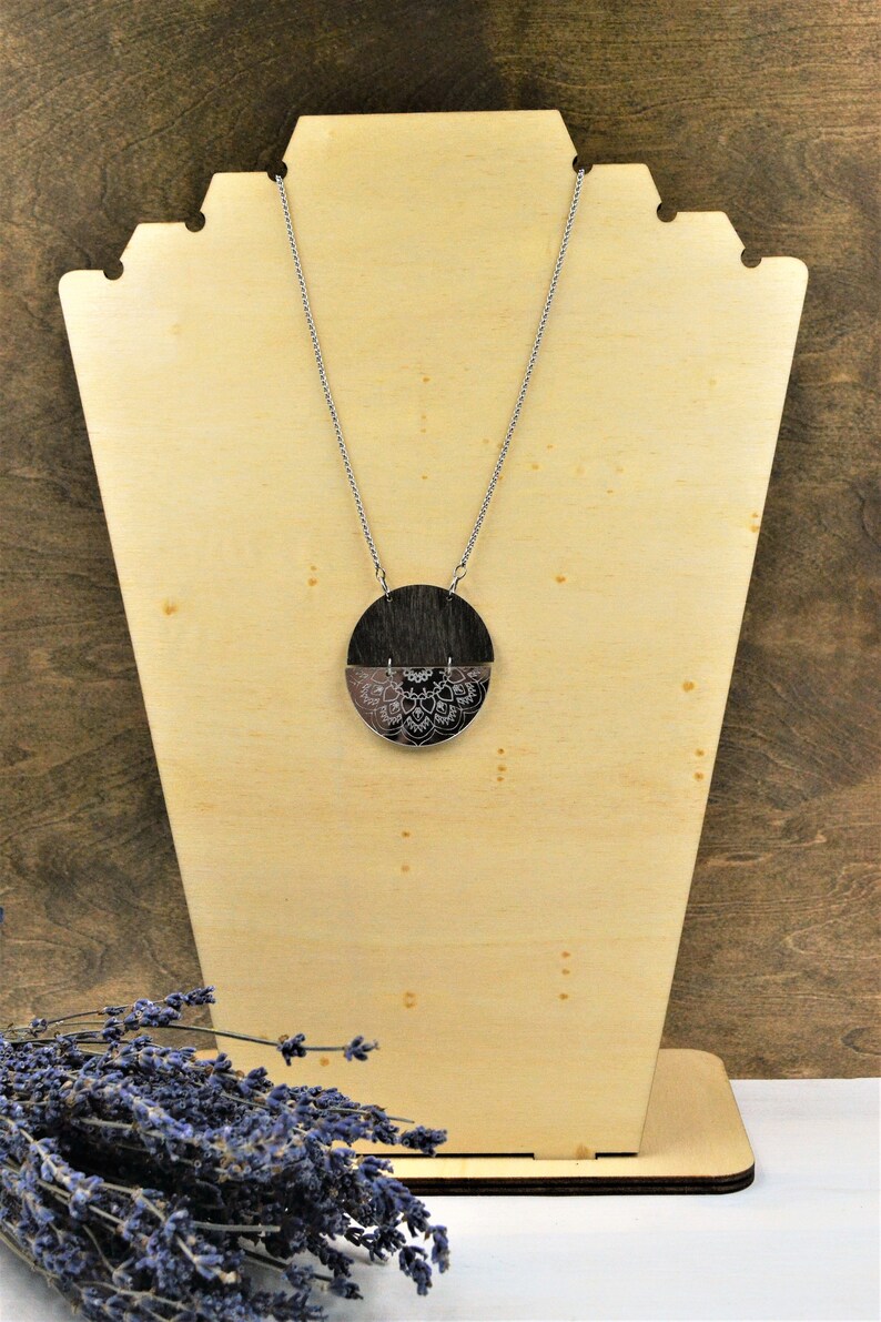 Wood Necklace Stainless Steel Acrylic Necklace Mandala Necklace Silver Necklace Modern necklace Modern Jewelry Hypoallergenic Jewelry