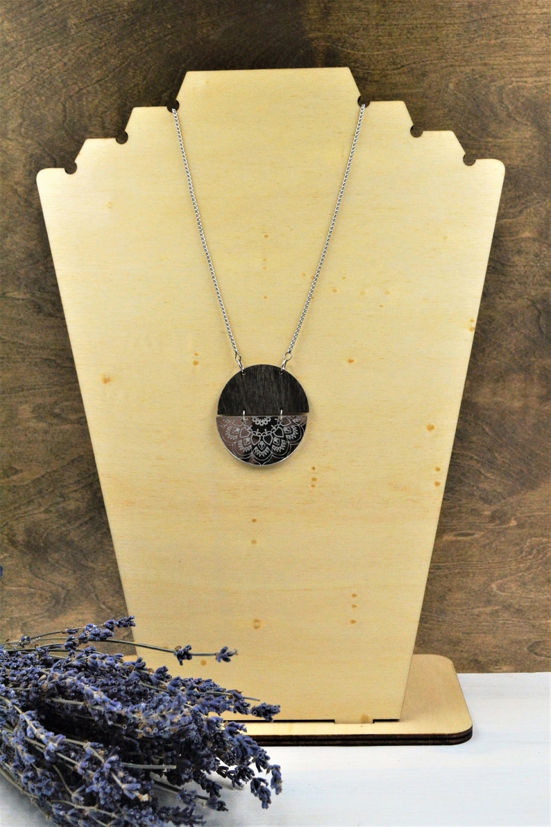 Wood Necklace Stainless Steel Acrylic Necklace Mandala Necklace Silver Necklace Modern necklace Modern Jewelry Hypoallergenic Jewelry
