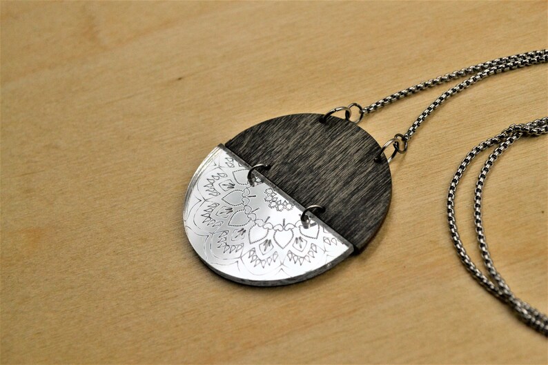 Wood Necklace Stainless Steel Acrylic Necklace Mandala Necklace Silver Necklace Modern necklace Modern Jewelry Hypoallergenic Jewelry