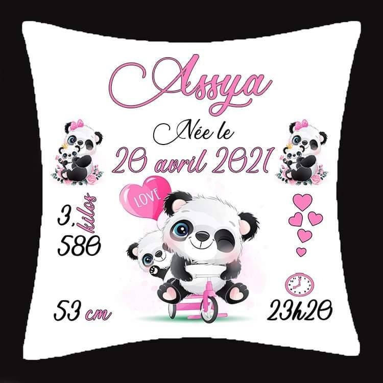 Coussin Naissance Personnalisé Panda Fille - Cadeau Chambre Bébé