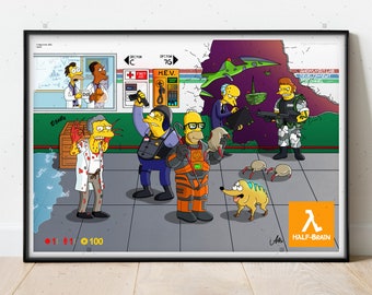 Half-Brain Print A2 SIZE, The Simpsons Poster Half-Life, Wall art, Computer game Art, Gaming Poster, gaming print, Pop Art, Gordon Freeman