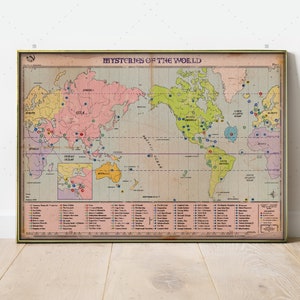 Mysteries of the World Map, Conspiracy print, Ancient Map, Unique Map, Reptilian Alien wall decor,  Historical maps, Rare document
