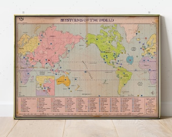 Mysteries of the World Map, Conspiracy print, Ancient Map, Unique Map, Reptilian Alien wall decor,  Historical maps, Rare document