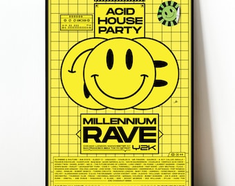 Acid House Smiley Poster, Music Poster, Music Decoration, Electronic wall art, Smiley Face Print,90s poster, Clubbing Poster,Rave Art,Techno