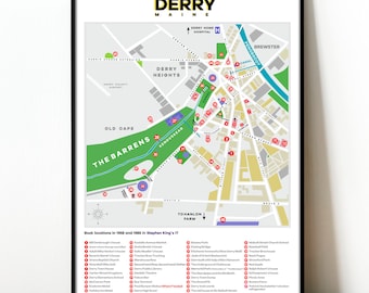 Derry Maine It Map Print, Stephen King It wall Art print, Terror print Wall decoration, Pennywise poster, The barrelens, terror book poster