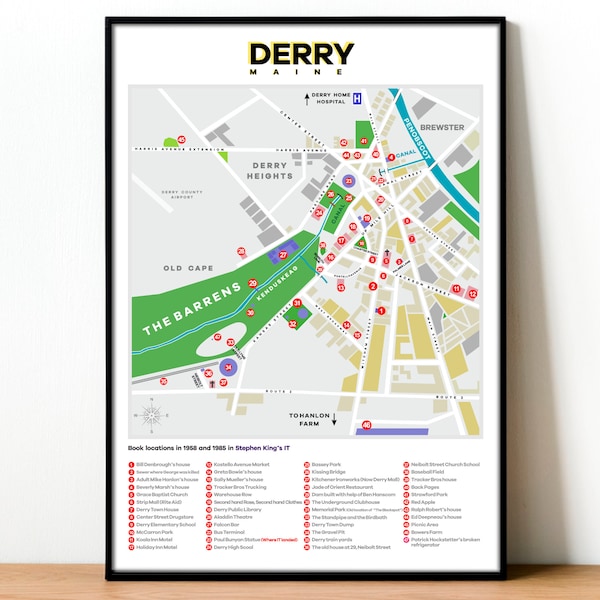 Derry Maine It Map Print, Stephen King It wall Art print, Terror print Wall decoration, Pennywise poster, The barrelens, terror book poster