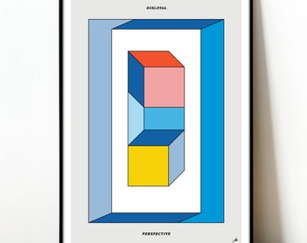 Disloyal perspective, optical illusion wall art, colorful poster, impossible shape print, primary colors art, escher print, shapes retro