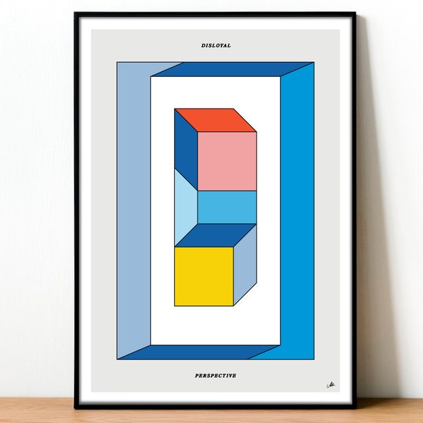 Disloyal perspective, optical illusion wall art, colorful  poster, impossible shape print, primary colors art, escher print, shapes retro