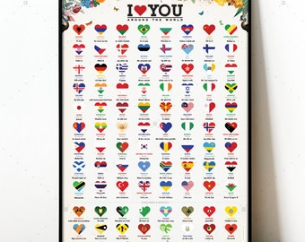 I Love You poster, 88 ways to say I love you, Typography Print, I love you gift, gift for her, love heart wall art, I love you in french.