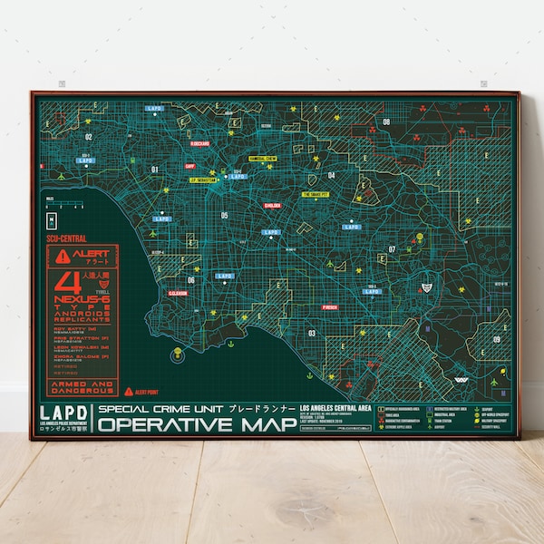 Blade Runner map poster, Androids Philip K Dick print, Do Androids dream of electric sheep?, Tyrell corporation, cyberpunk map decoration
