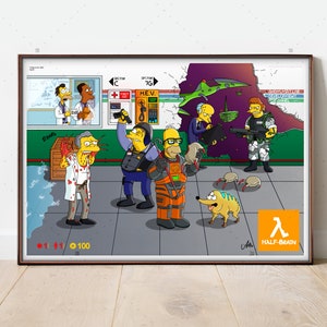 Half-Brain Print A2 SIZE, The Simpsons Poster Half-Life, Wall art, Computer game Art, Gaming Poster, gaming print, Pop Art, Gordon Freeman