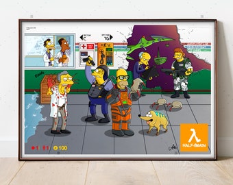 Half-Brain Print A2 SIZE, The Simpsons Poster Half-Life, Wall art, Computer game Art, Gaming Poster, gaming print, Pop Art, Gordon Freeman