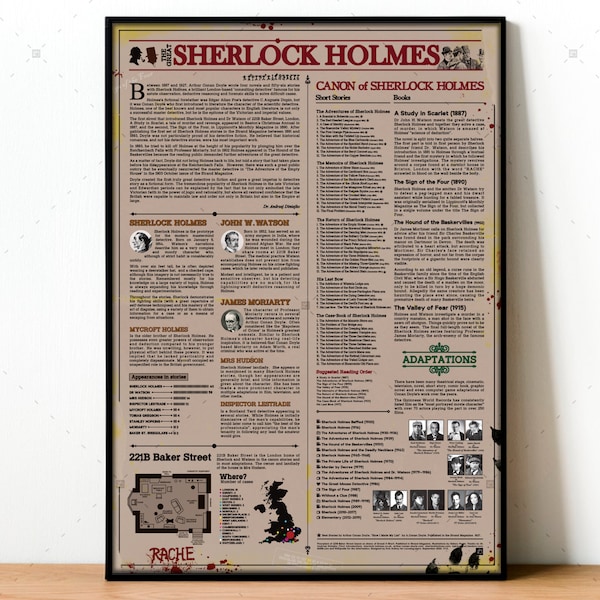 Sherlock Holmes All Books Poster, Arthur Conan Doyle wall Art, Sherlock TV, Netflix poster, London victorian Sherlock Elementary tv poster