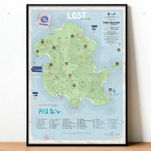 Lost Island Map poster, Dharma Initiative print, Lost TV series map replica, Swan Station, Lost Numbers poster, Danielle Rousseau's Map