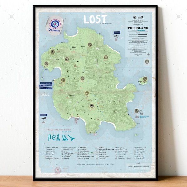 Lost Island Map poster, Dharma Initiative print, Lost TV series map replica, Swan Station, Lost Numbers poster, Danielle Rousseau's Map