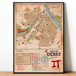Losers Club Derry Map Poster Print, Stephen King It wall Art, Terror print Wall decoration, Pennywise, The barrens, terror book poster