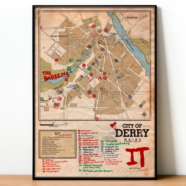 Losers Club Derry Map Poster Print, Stephen King It wall Art, Terror print Wall decoration, Pennywise, The barrels, terror book poster