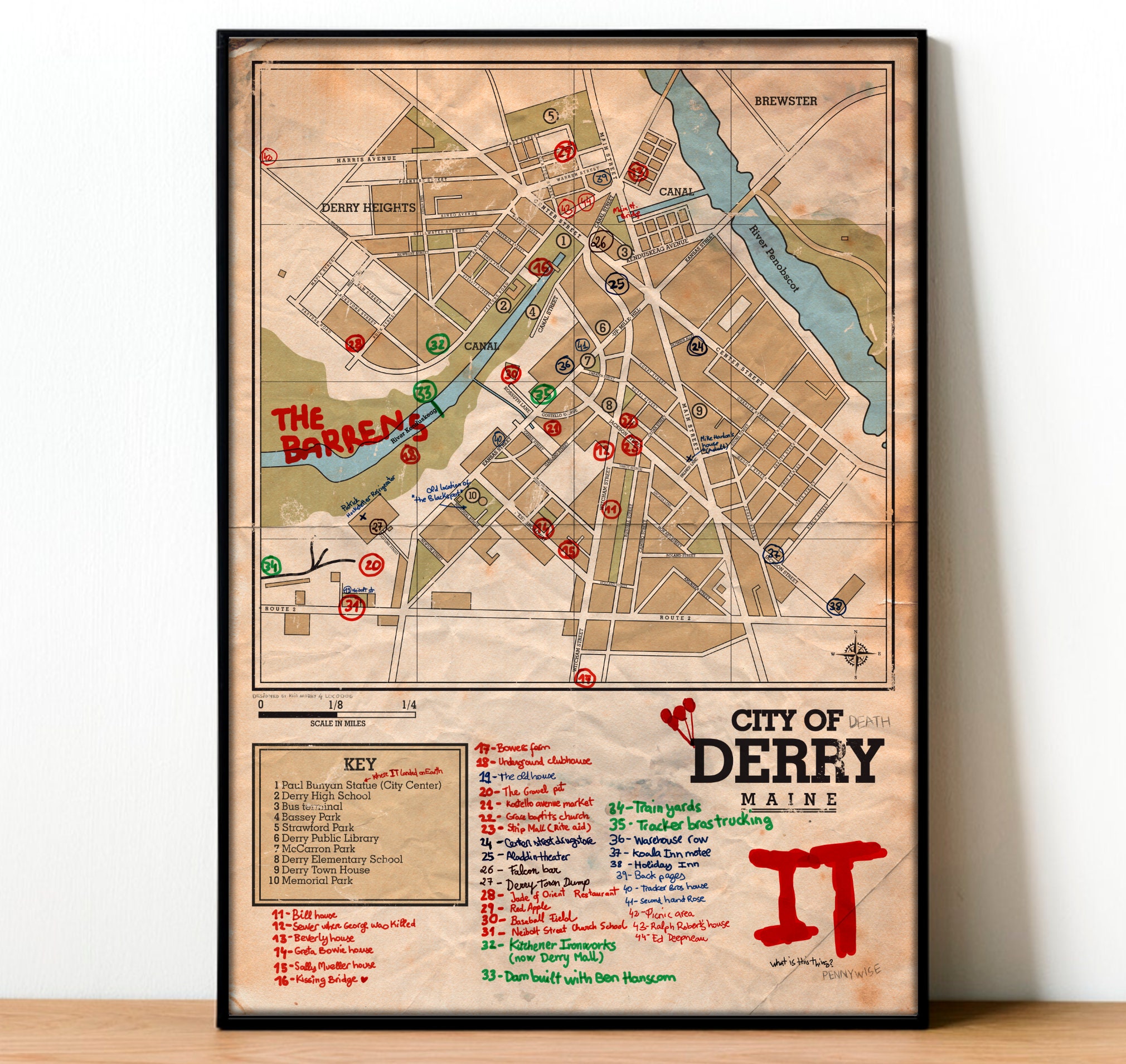 Losers Club Derry Map Poster Print, Stephen King It Wall Art