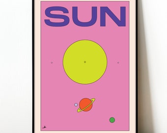 Sun poster, abstract solar system wall art, colorful infographics, modern sun art print, retro poster, boho sun, colorful bauhaus, geometric