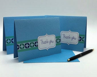 Thank You Cards, Set of 3 Aqua Blue Retro Cards, Blank Inside