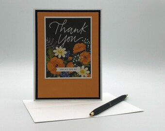 Orange Floral Thank You Card, Thank you for all you do, Blank Inside