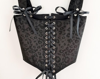 Black Corset Top with Front Lacing – Gothic Jacquard Corset with Wide Straps and Bow Details – Waist Shaping Bustier