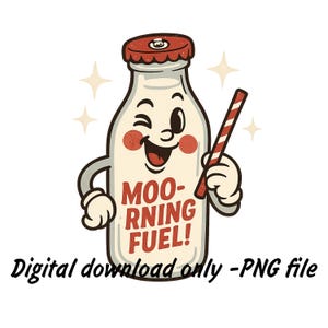 Kawaii Milk Bottle Clipart – Retro Breakfast PNG for Kids Shirt Design – Vintage Style Digital Download