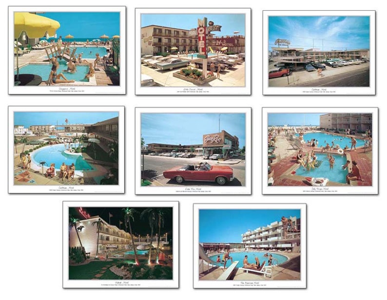 May include: A collection of vintage postcards featuring motel swimming pools from the 1960s. The postcards show a variety of pools, including a kidney-shaped pool, a rectangular pool, and a circular pool. The postcards also show people swimming, sunbathing, and relaxing by the pool.