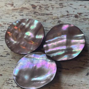 Op de afbeelding: Drie iriserende, ronde, bruine schelpknoppen met een parelmoerglans. De knopen hebben een natuurlijk, organisch uiterlijk, met subtiele variaties in kleur en textuur. Het licht reflecteert op het oppervlak en cre&euml;ert een regenboogeffect.