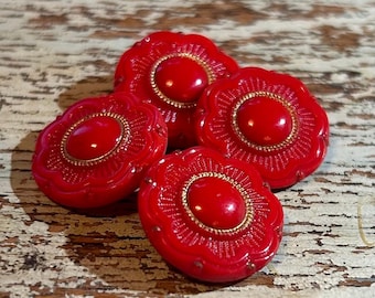 4 Czech Red Foral Buttons