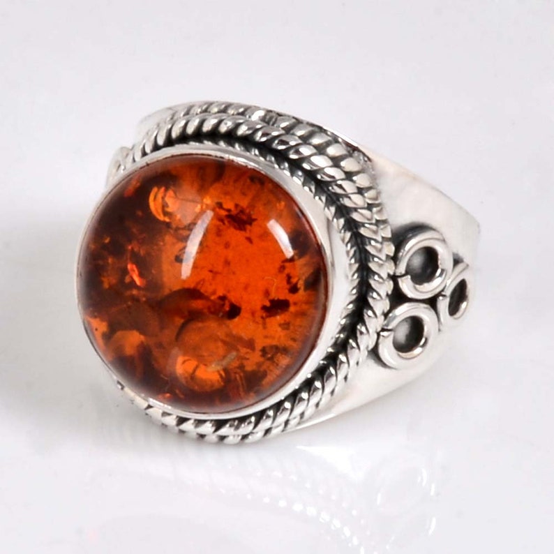 Beautiful Designs 925 Pure Sterling Silver Cab Round Yellow Amber Ring Wedding Gift