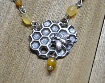 Sterling honeycomb and bee pendant