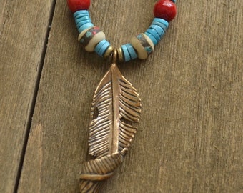 Brass Leaf with Turquoise and mixed stones necklace