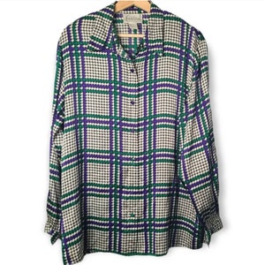 Vintage DVF Diane Von Furstenberg 100% Silk Oversized Houndstooth 90s Blouse Top