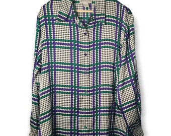 Vintage DVF Diane Von Furstenberg 100% Silk Oversized Houndstooth 90s Blouse Top