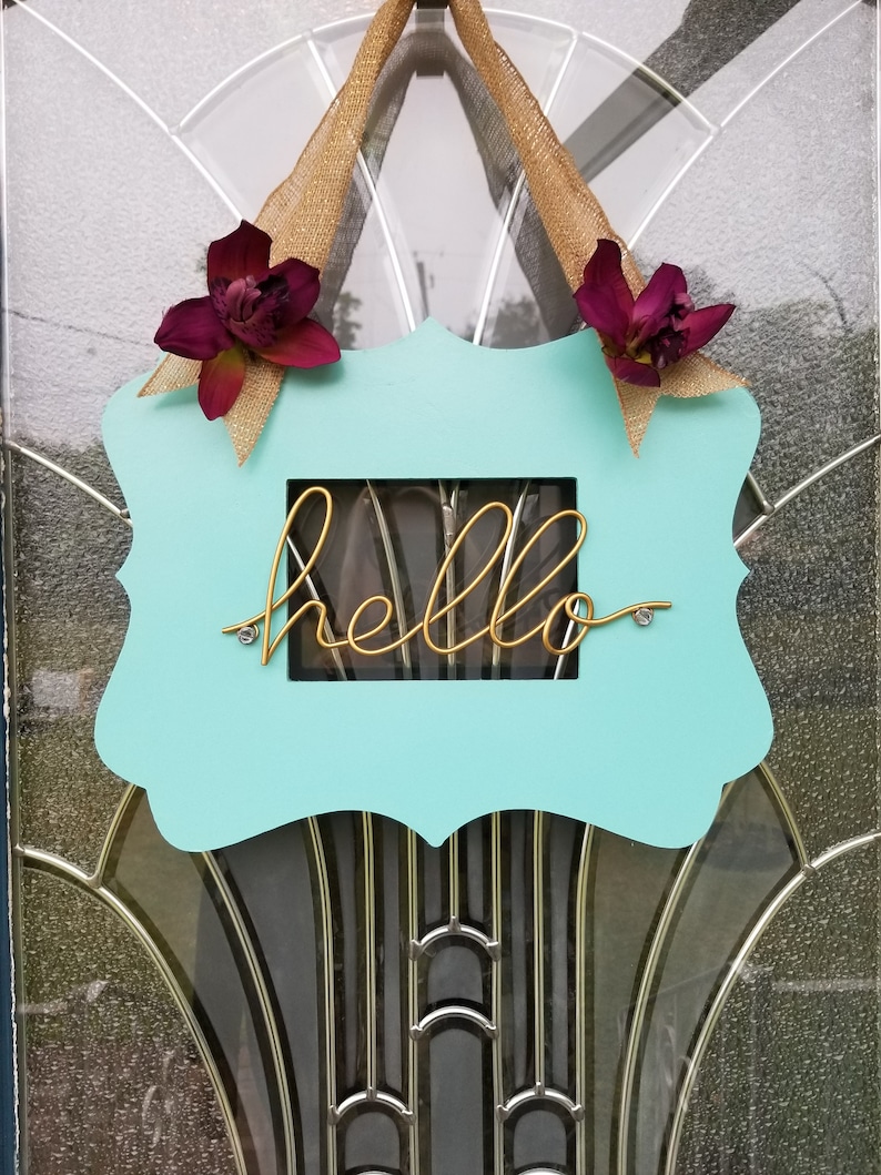 Large Oversize Robin/'s Egg Blue Hello Frame with Burlap Ribbon and Purple Iris Accents Door Hanger