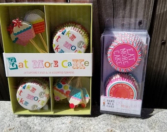 Meri Meri Eat More Cake カップケーキキット 24 個のケース、24 個のトッパー、48 個のケース付き 誕生日パーティーの記念品
