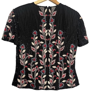Vintage Adrianna Papell sidenbroderad blus med pärlor och blommigt tryck, storlek S bild 3